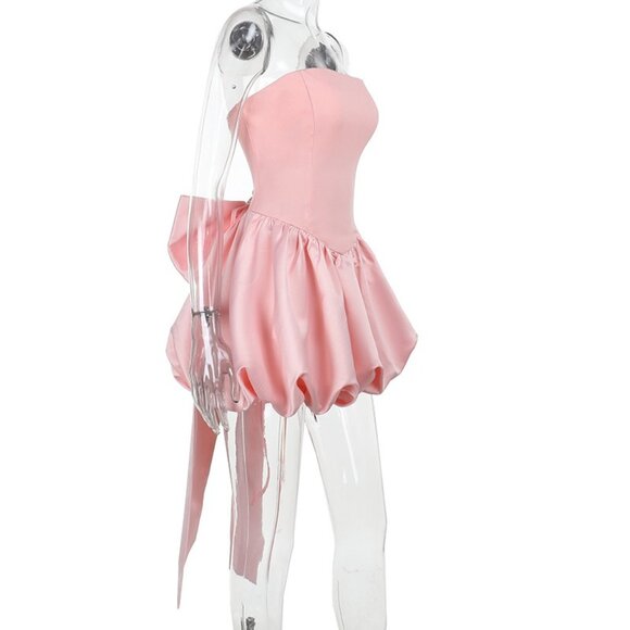 Dresses & Skirts - Romantic Pink Satin Bubble Hem Mini Dress - Strapless Bow Back Party Gown